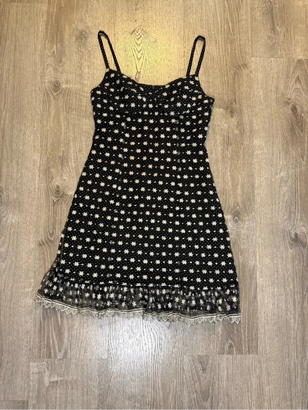 Kenzo vintage Black & White Polka Dot Strappy Mini Dress with Floral Lace - Picture 3 of 9